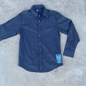 Y2K Level Ten Blue/Brown Striped Graphic Long Sleeve Dress Button Up Shirt